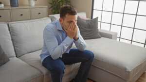 A man experiences a mood swing, one of the signs of a painkiller addiction.